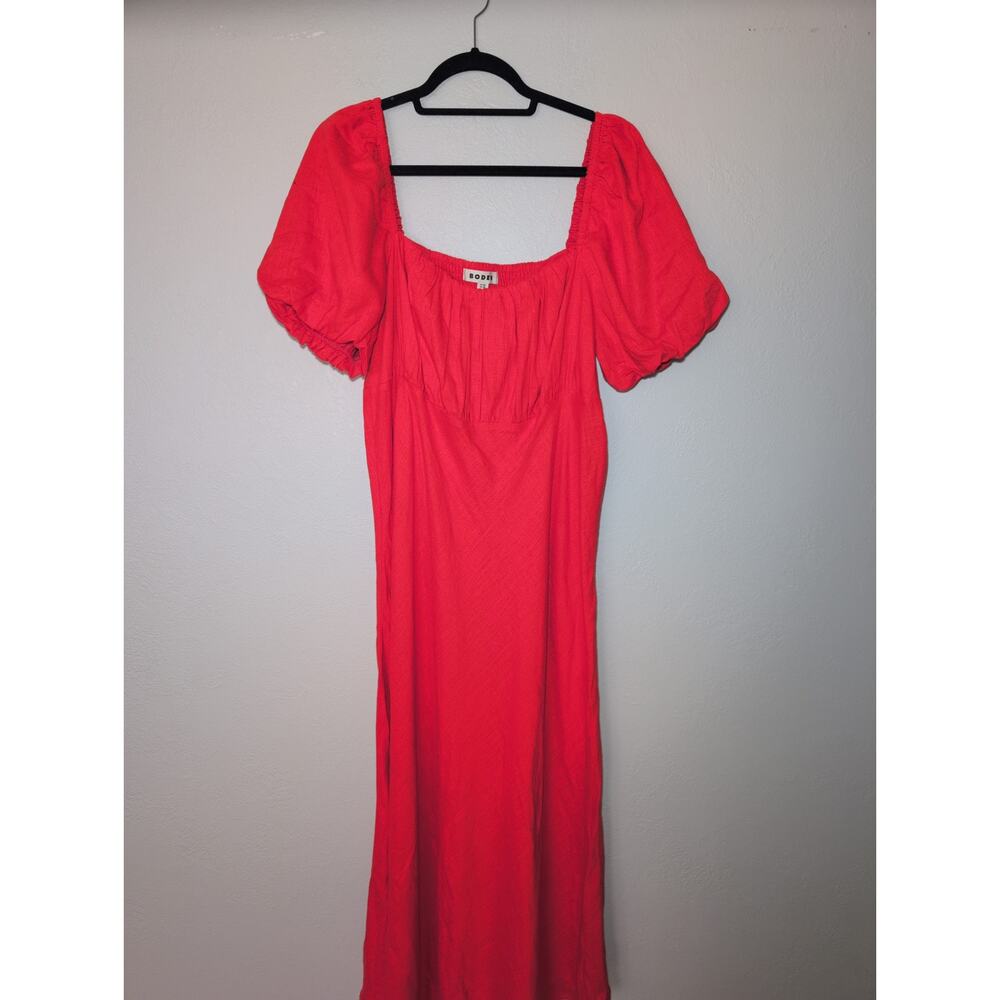 Boden Orange/Red Ruched Bodice Puff Sleeve Midi Dress Summer Lightweight 14R